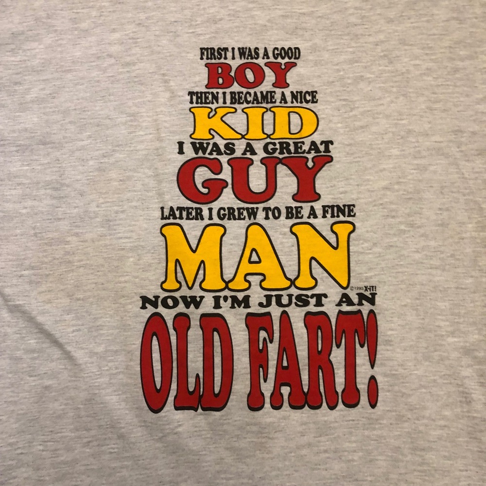 Vtg 1993 Jerzees Old Fart Funny Graphic Tee Heather Grey XL Humor